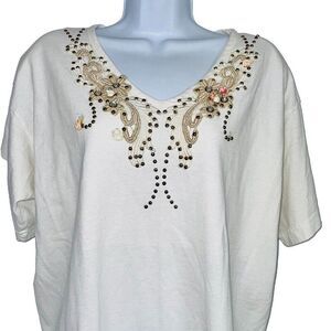 Vintage 90s Cactus Womens L Top White Beaded Short Sleeve Casual Shoulder Pads